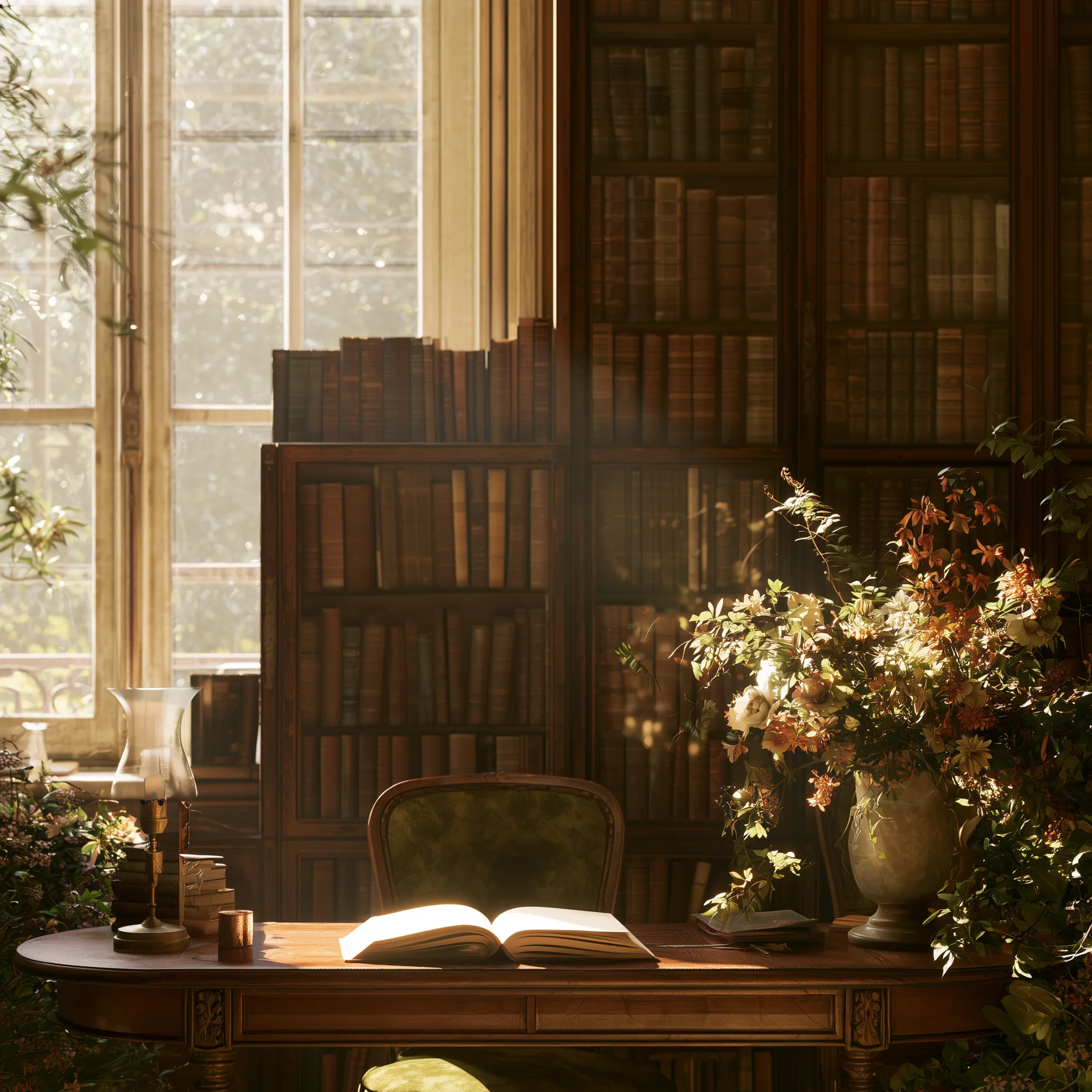 A desk in a library seen from where the sitter was sitting — an open book, a lit lamp, a window, flowers